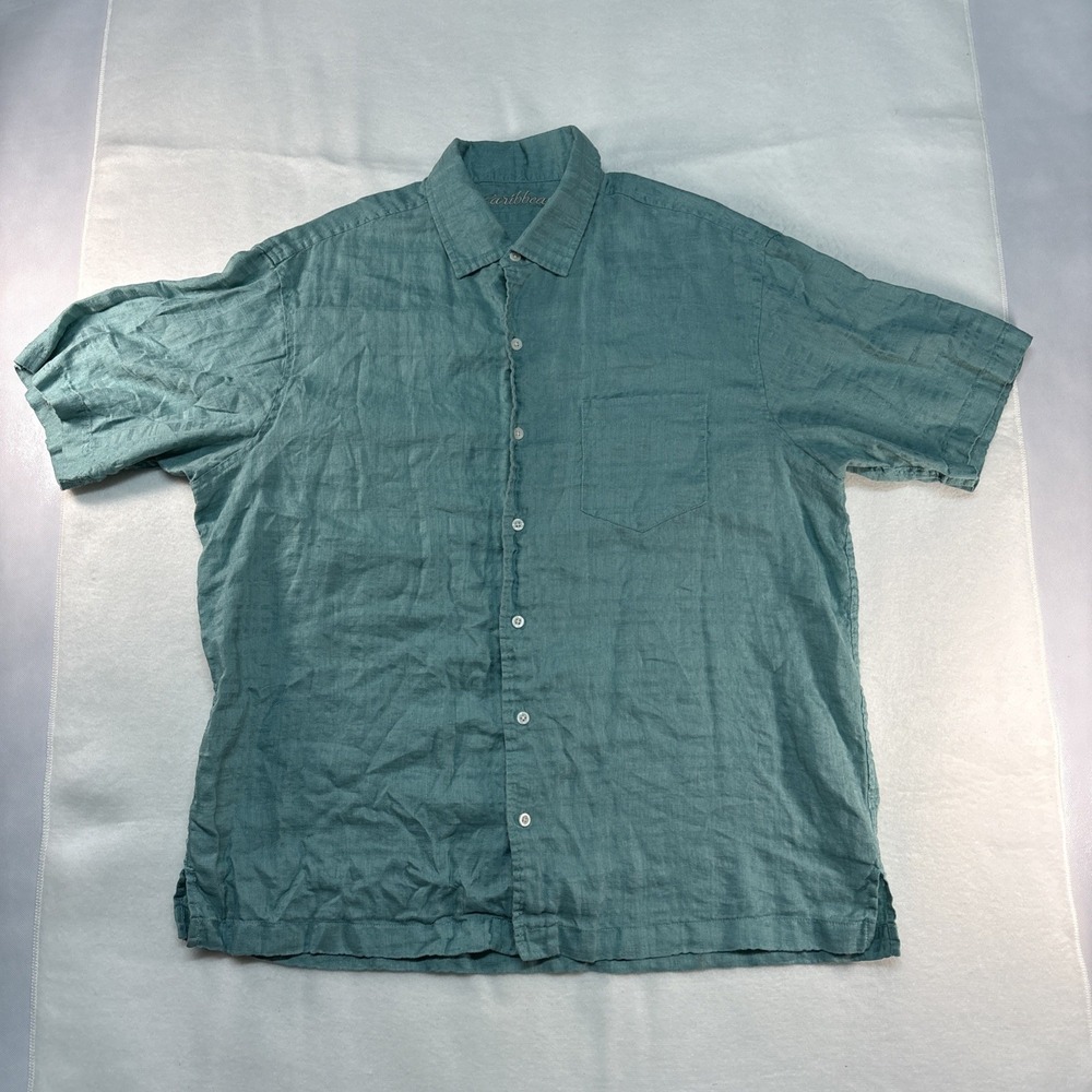 Caribbean Turquoise Button Up Short Sleeve XL Linen Blend‎